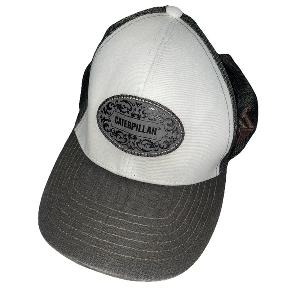 VTG CAT Caterpillar Trucker Hat Canvas 5 Panel Snapback Mesh Black Brown Patch